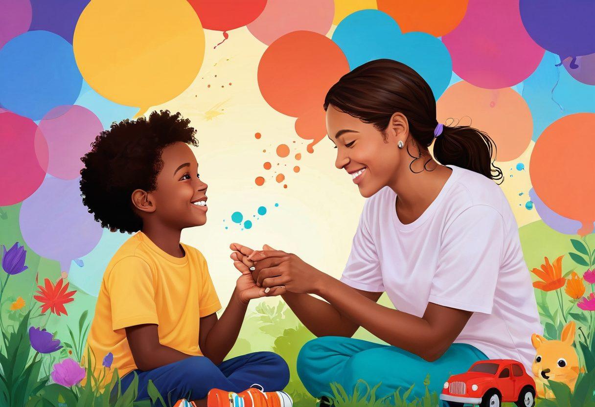 A compassionate scene depicting an empathetic interaction between a caregiver and an autistic child, surrounded by colorful thought bubbles representing emotions. The background features a peaceful environment with soft lighting and playful elements, symbolizing understanding and connection. Highlight the diverse spectrum of emotions in the thought bubbles to represent emotional intelligence. vibrant colors. soothing atmosphere. digital art.