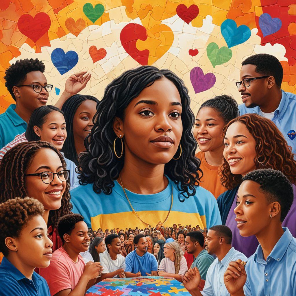 A collage showcasing diverse individuals on the autism spectrum engaging in advocacy activities, including speaking at a rally, creating art, and participating in community support groups. The background features symbols of unity and support such as puzzle pieces and hearts, with warm and inviting colors to convey empowerment. super-realistic. vibrant colors. warm tones.